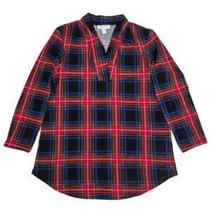 Charter Club Plaid Pleated Textured Top 3/4 Sleeve V-neck Size PS Blue/Red NEW